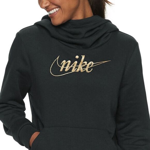 New! NIKE Glitter Logo Fleece Hoodie Sweatshirt Sweater Size XS Color Black Gold - Picture 2 of 7